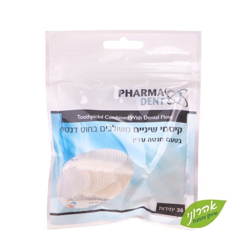 PHARMA DENT קיסמי שיניים משולבים בחוט דנטלי בטעם מנטה עדין 36 יח'